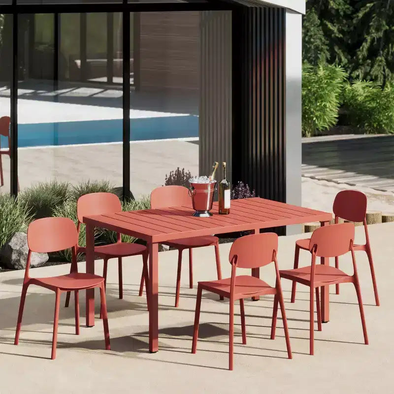WestinTrends Playa 7-Piece Outdoor Rectangular Metal Patio Dining Table Set With Mid-Century Modern Stackable Patio Side Chairs