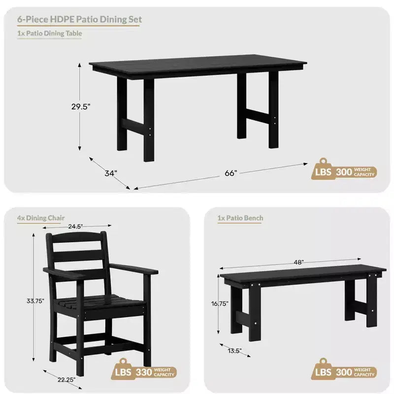WestinTrends Ashore 6-Piece Outdoor HDPE Patio Dining Table Set with Bench