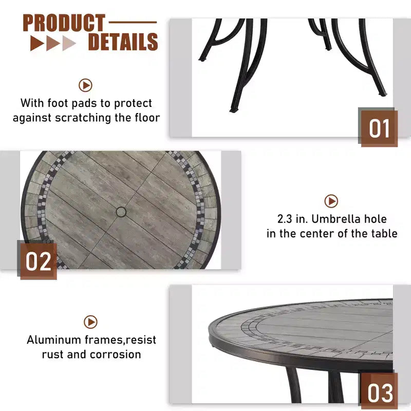 CLIHOME Ensemble de salle à manger d'extérieur 5 pièces en aluminium avec 4 chaises pivotantes à 360° et 1 table ronde en carrelage céramique de 122 cm de diamètre avec trou pour parasol de 5,8 cm.