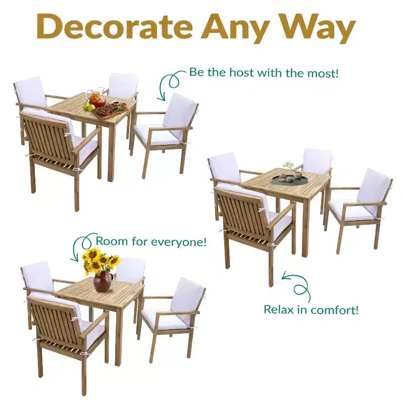 Sunnydaze Rodanthe Acacia Wood Outdoor Dining Set with Table and Armchairs - 5pc - Natural/Bone White