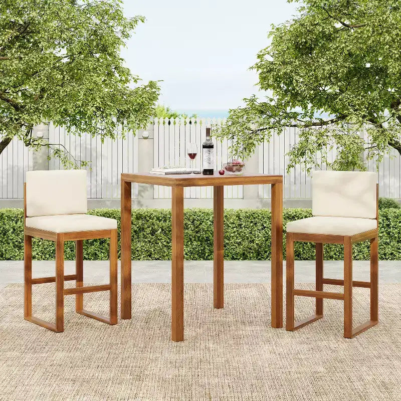 Christopher Knight Home Goleta Ensemble de bar extérieur 3 pièces en bois d'acacia avec coussins résistants à l'eau