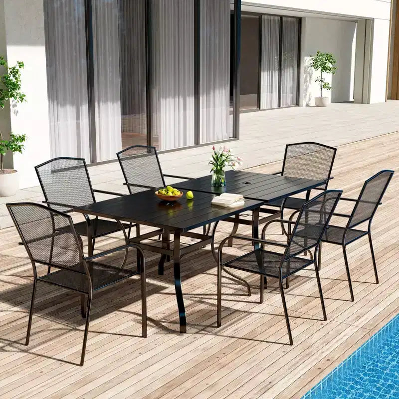 Ensemble de salle à manger d'extérieur 8 pièces CLIHOME, 2 tables carrées avec trou pour parasol et 6 chaises en maille