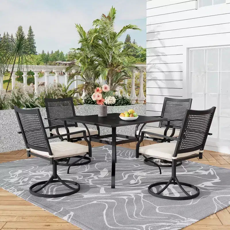 CLIHOME Ensemble de salle à manger d'extérieur 5 pièces, Table carrée avec trou pour parasol et chaises pivotantes à 360° avec coussins