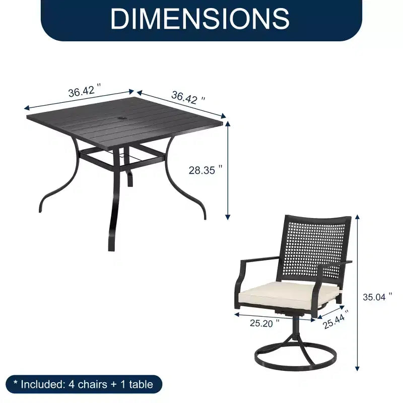 CLIHOME Ensemble de salle à manger d'extérieur 5 pièces, Table carrée avec trou pour parasol et chaises pivotantes à 360° avec coussins
