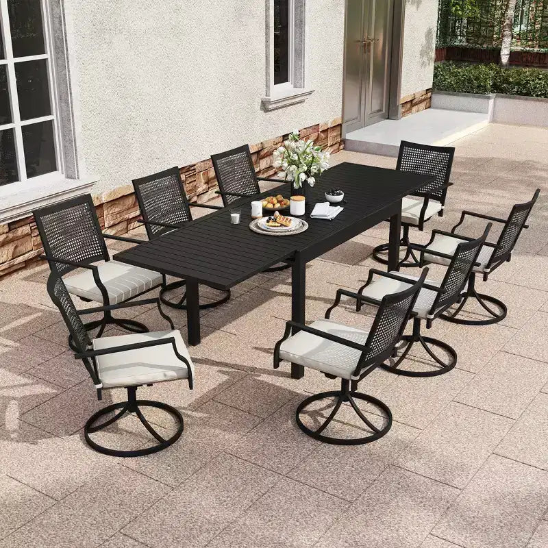 CLIHOME Salon de Jardin 9 Pièces, Table Extensible et Chaises d'Extérieur Rembourrées Pivotantes à 360°