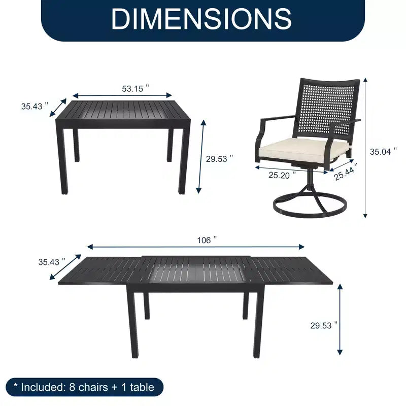 CLIHOME Salon de Jardin 9 Pièces, Table Extensible et Chaises d'Extérieur Rembourrées Pivotantes à 360°