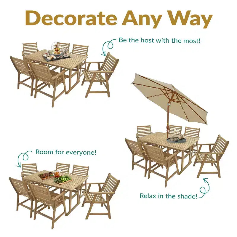 Ensemble de salle à manger extérieur Sunnydaze Hatteras en bois d'acacia avec table et fauteuils - 7 pièces - Naturel