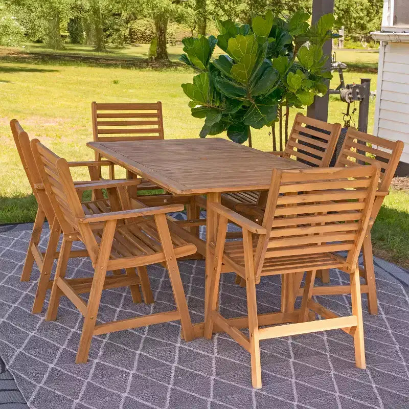Ensemble de salle à manger extérieur Sunnydaze Hatteras en bois d'acacia avec table et fauteuils - 7 pièces - Naturel