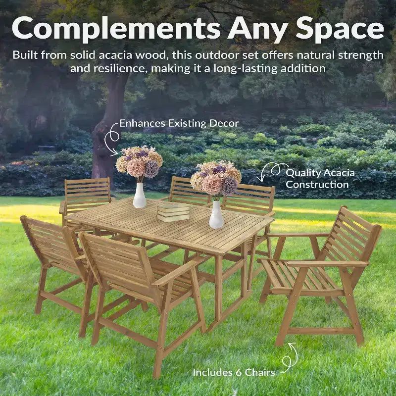 Ensemble de salle à manger extérieur Sunnydaze Hatteras en bois d'acacia avec table et fauteuils - 7 pièces - Naturel