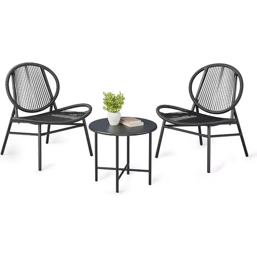 3-Piece Patio Set, All-Weather Wicker Chairs & Round Table for Balcony, Garden, Pool, Backyard - Black