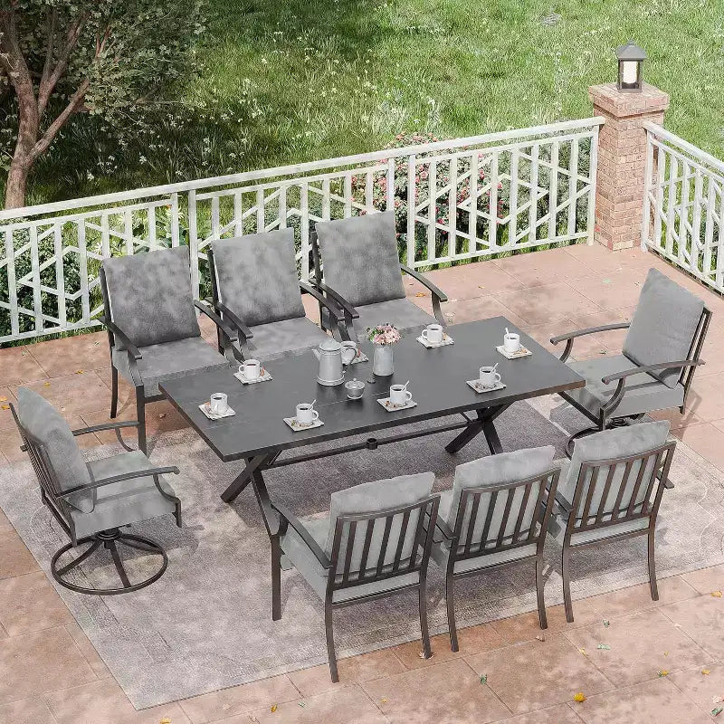 ALAULM Salon de jardin 9 pièces avec 2 chaises pivotantes et 6 chaises fixes, grande table