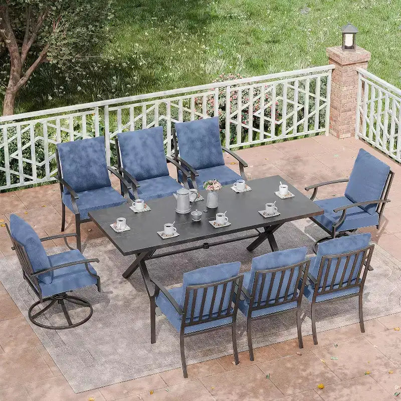 ALAULM Salon de jardin 9 pièces avec 2 chaises pivotantes et 6 chaises fixes, grande table