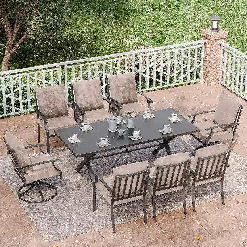 ALAULM Salon de jardin 9 pièces avec 2 chaises pivotantes et 6 chaises fixes, grande table
