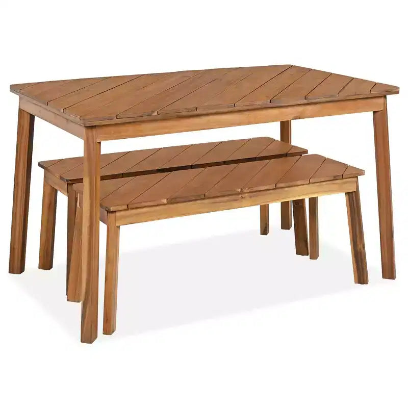 MAYEERTY Ensemble de salle à manger 3 pièces Table en acacia 2 bancs Intérieur Extérieur Naturel pour Terrasse Jardin