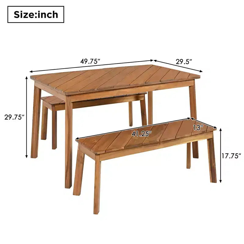 MAYEERTY Ensemble de salle à manger 3 pièces Table en acacia 2 bancs Intérieur Extérieur Naturel pour Terrasse Jardin