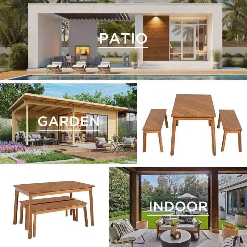 MAYEERTY Ensemble de salle à manger 3 pièces Table en acacia 2 bancs Intérieur Extérieur Naturel pour Terrasse Jardin