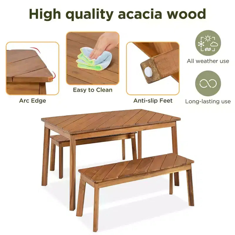 MAYEERTY Ensemble de salle à manger 3 pièces Table en acacia 2 bancs Intérieur Extérieur Naturel pour Terrasse Jardin