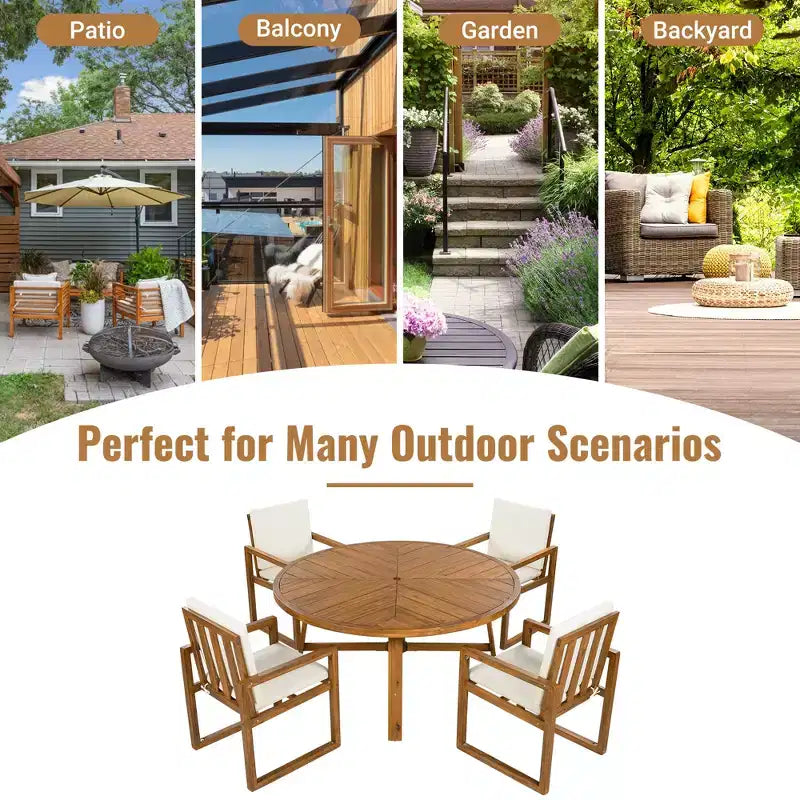 ModernLuxe 5-Piece Outdoor Dining Set Patio Furniture Set with 4 Armchairs & 1 Table for Garden Balcony Backyard, Acacia Wood Frame, Beige+Natural