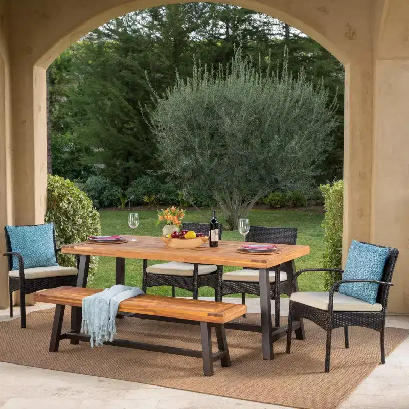 Christopher Knight Home Luster Outdoor Acacia Wood and Wicker 6 Piece Dining Set with Bench