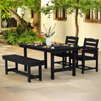 Hyleory - Ensemble repas de terrasse 4 pièces en PEHD recyclé - Table rectangulaire et trou pour parasol, banc de salle à manger, 2 fauteuils de terrasse