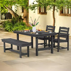 Hyleory - Ensemble repas de terrasse 4 pièces en PEHD recyclé - Table rectangulaire et trou pour parasol, banc de salle à manger, 2 fauteuils de terrasse