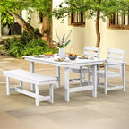Hyleory - Ensemble repas de terrasse 4 pièces en PEHD recyclé - Table rectangulaire et trou pour parasol, banc de salle à manger, 2 fauteuils de terrasse