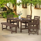 Hyleory Ensemble de salle à manger d'extérieur 6 pièces en PEHD avec table rectangulaire et trou pour parasol, banc et fauteuils