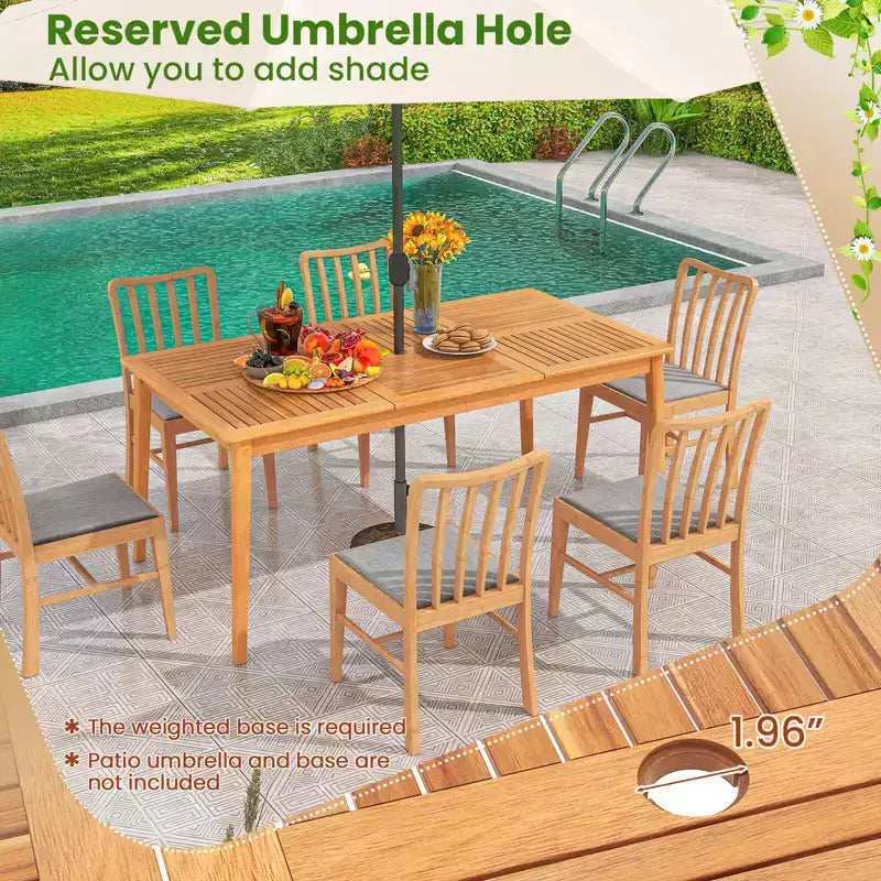 Costway Ensemble de salle à manger d'extérieur 7 pièces en bois d'acacia avec coussins moelleux et trou pour parasol