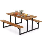 Table de pique-nique Costway 6 places en bois d'acacia avec 2 bancs intégrés, trou pour parasol et structure en métal