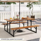 Table de pique-nique Costway 6 places en bois d'acacia avec 2 bancs intégrés, trou pour parasol et structure en métal