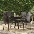 GDFStudio Rue Outdoor Wicker and Tempered Glass 5 Piece Dining Set
