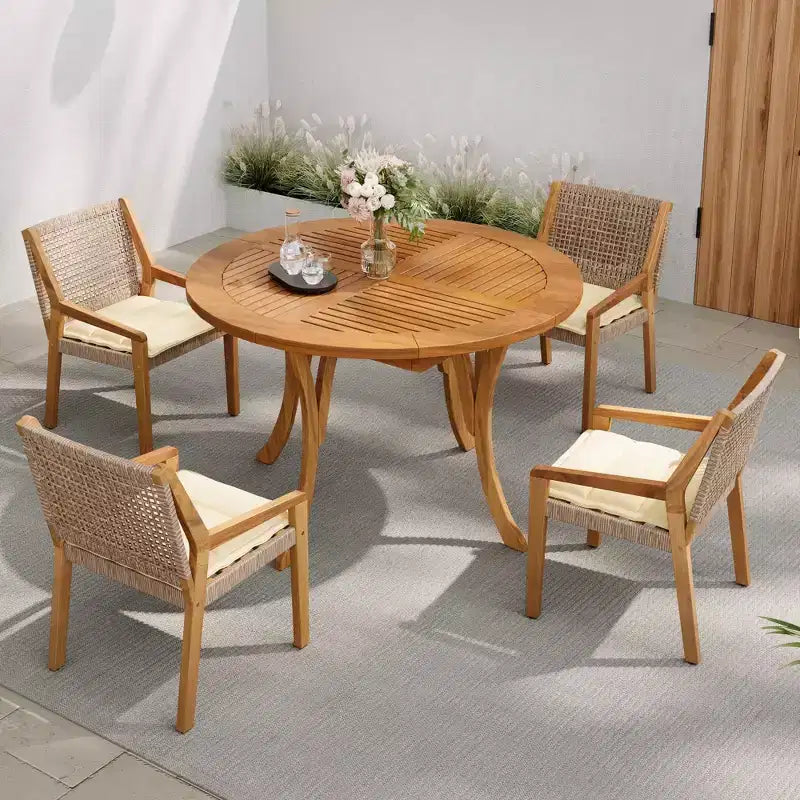 NAYSAYE Ensembles de salle à manger d'extérieur en bois d'acacia avec chaises en osier et coussins pour jardin, teck, 23,5*21,25*32