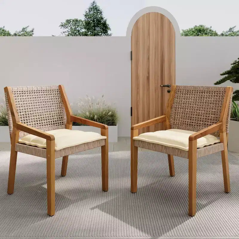 NAYSAYE Ensemble de Repas d'Extérieur en Bois d'Acacia et Osier avec Coussins pour Jardin, Multicolore, 23.5*21.25*32