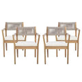 NAYSAYE Patio Dining Sets Braided Acacia Wood Dining Chairs with Cushions and Armrests for Garden Poolside, Cream and Beige, 23.25*21.5*32.25