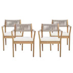 NAYSAYE Patio Dining Sets Braided Acacia Wood Dining Chairs with Cushions and Armrests for Garden Poolside, Cream and Beige, 23.25*21.5*32.25
