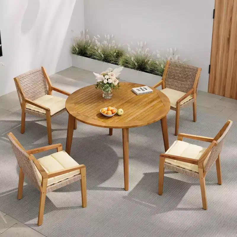 NAYSAYE Ensembles de Repas de Jardin Table en Bois d'Acacia d'Extérieur avec Chaises en Rotin et Coussins pour Jardin, Patio, Marron et Crème, 23.5*21.25*32