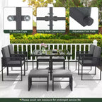 Costway 9 PCS Patio Dining Set with PE Rattan Chairs Tempered Glass Table and Ottomans