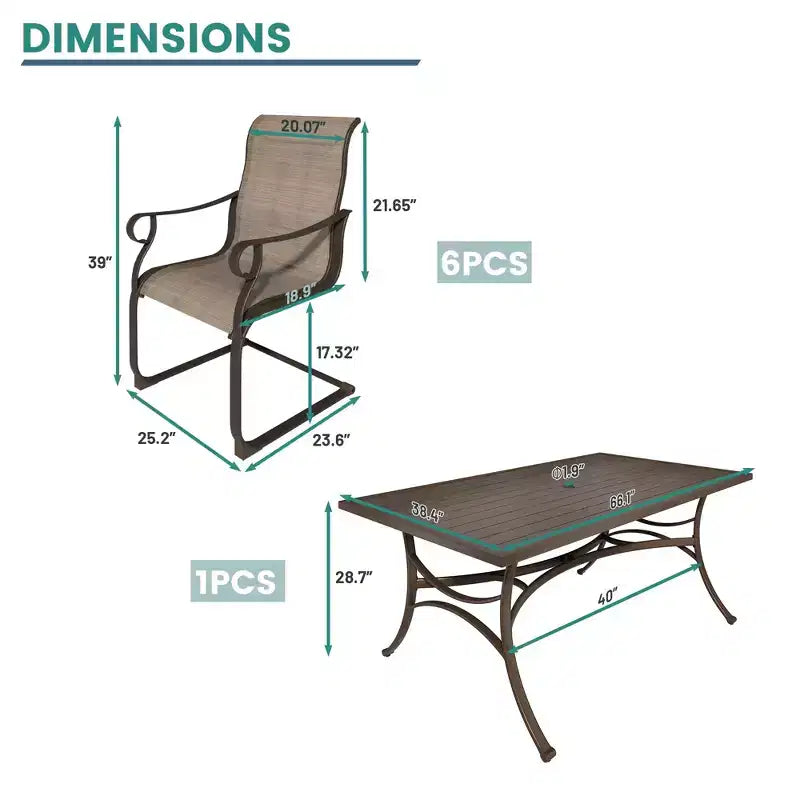 Ensemble de salle à manger d'extérieur Mondawe 7 pièces en acier et textilène avec 6 chaises et 1 table à trou de parasol