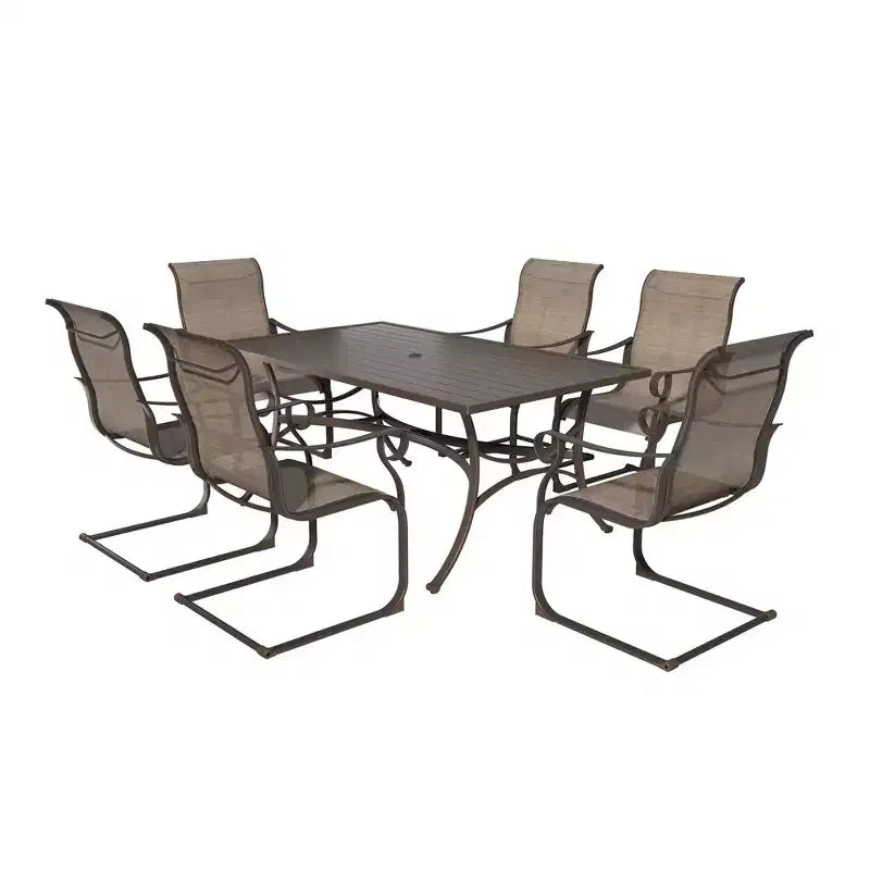 Ensemble de salle à manger d'extérieur Mondawe 7 pièces en acier et textilène avec 6 chaises et 1 table à trou de parasol
