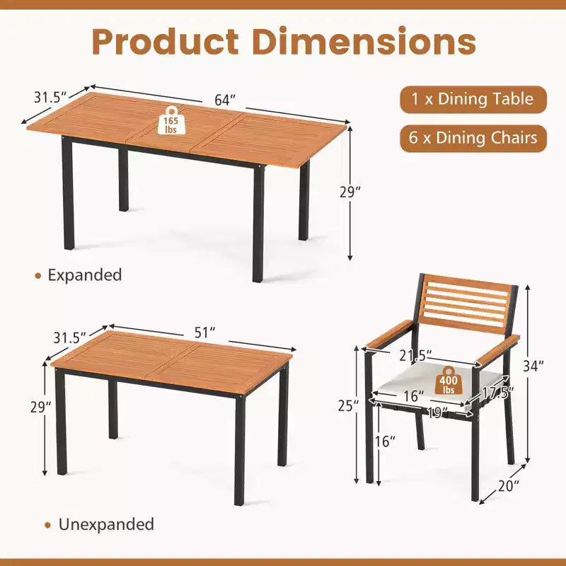 Ensemble de salle à manger d'extérieur 7 pièces Costway avec table rectangulaire extensible en bois d'acacia de 130-163 cm