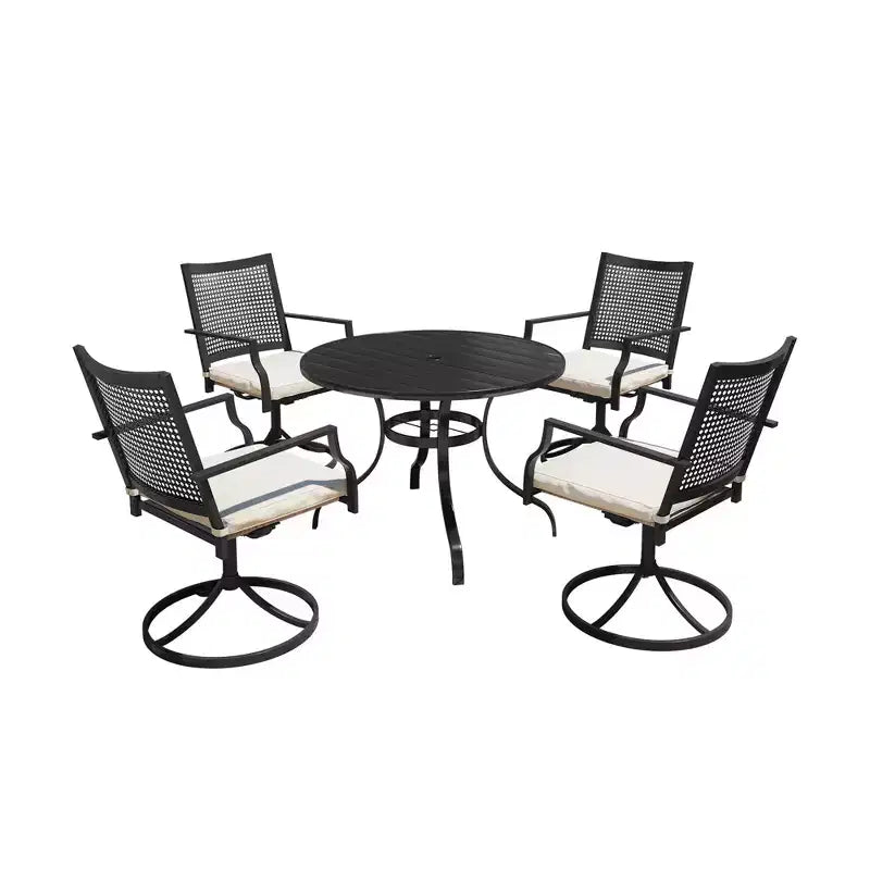 Ensemble de salle à manger d'extérieur Mondawe 5 pièces – Table ronde noire avec trou pour parasol et chaises pivotantes