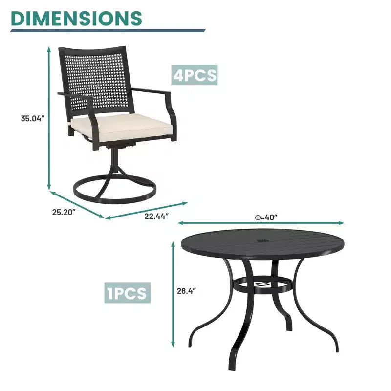 Ensemble de salle à manger d'extérieur Mondawe 5 pièces – Table ronde noire avec trou pour parasol et chaises pivotantes