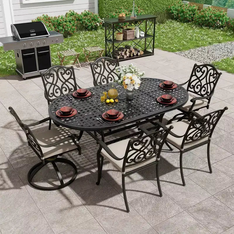 Mondawe Ensemble de salle à manger d'extérieur 7 pièces en aluminium moulé avec 4 chaises de salle à manger et 2 fauteuils à bascule pivotants