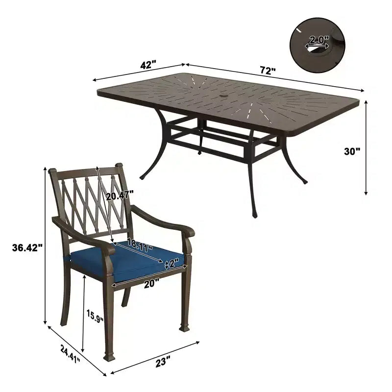 Ensemble de salle à manger d'extérieur 9 pièces Mondawe en fonte d'aluminium, composé d'une table rectangulaire de style rétro et de 8 chaises de salle à manger avec coussins.