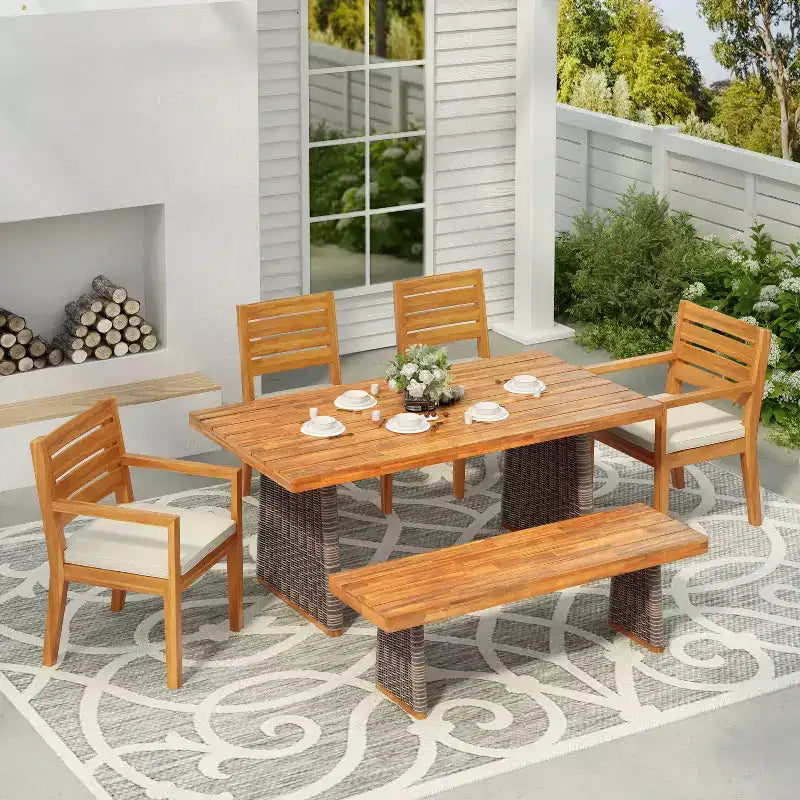 Christopher Knight Home Miranda Rustic 6 Piece Outdoor Rattan Acacia Wood Slatted Dining Set with Cushions