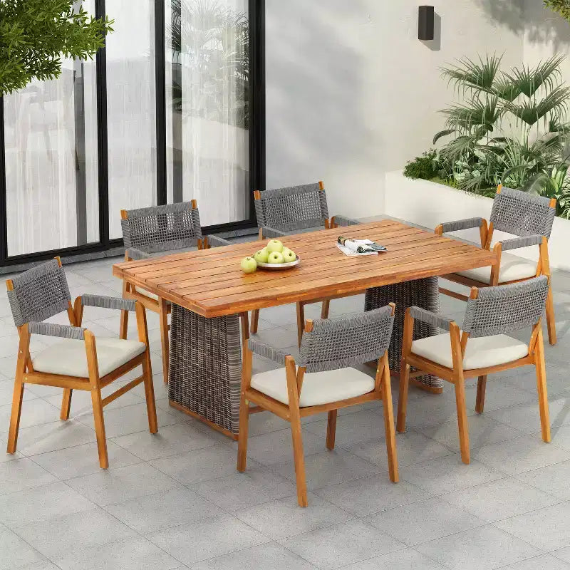 Christopher Knight Home Helena Ensemble repas de jardin 7 pièces en bois d'acacia et corde tressée rustique avec table à lattes en rotin