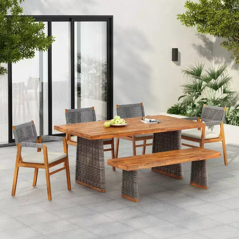 Christopher Knight Home Amara Ensemble de salle à manger d'extérieur rustique 6 pièces en bois d'acacia avec table à lattes en rotin et coussins