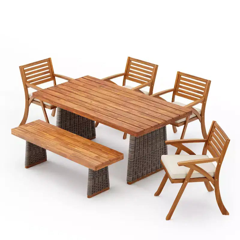Christopher Knight Home Clara Rustic 6 Piece Outdoor Rattan Slatted Acacia Wood Dining Set with Cushions