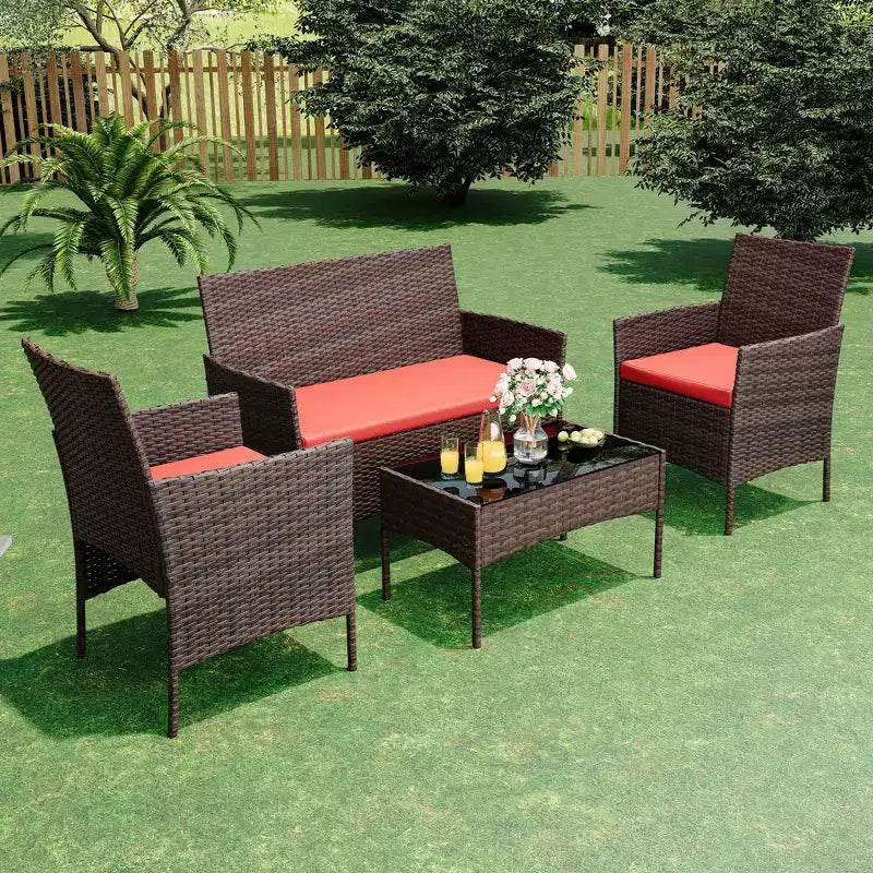 4 Piece Patio Furniture Set, Outdoor Deck Rattan Chair Wicker Combo Furniture, All Weather Dialogue Rattan Sofa with Upholstery and Glass Table