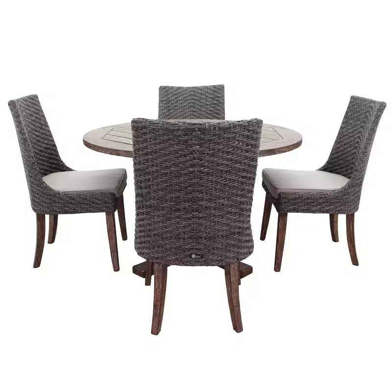 Courtyard Casual Bermuda FSC Teak 5 pc 48 Flag Leg FSC Teak Dining Set Includes one 48 Round Dining Table and four Dining Chairs